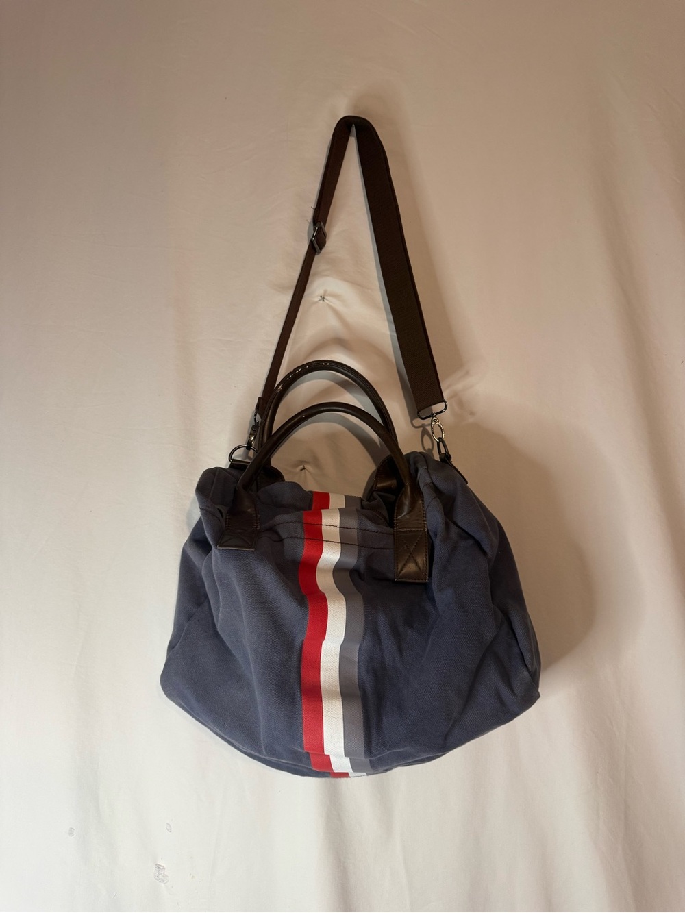 Twenty One Men Forever 21 Canvas Duffle Bag Blue Racing Stripe Shoulder Weekende